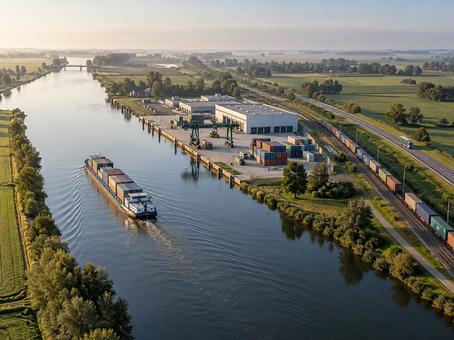 Generated view of connected inland shipping, rail and road in a calm Dutch logistics landscape.